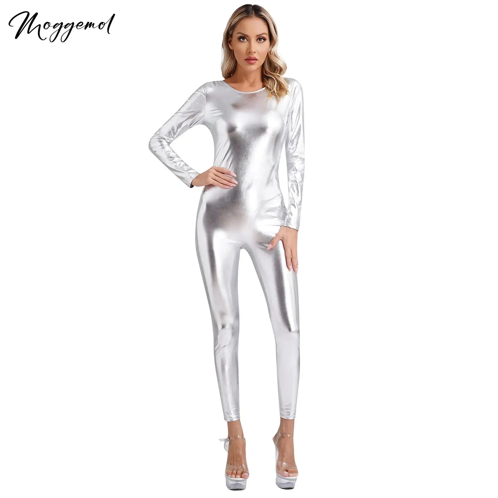 

Womens Shiny Metallic Unitard Dancewear Round Neck Long Sleeve Slim Fit Full Body Bodysuit Jumpsuits Clubwear Festival Costumes