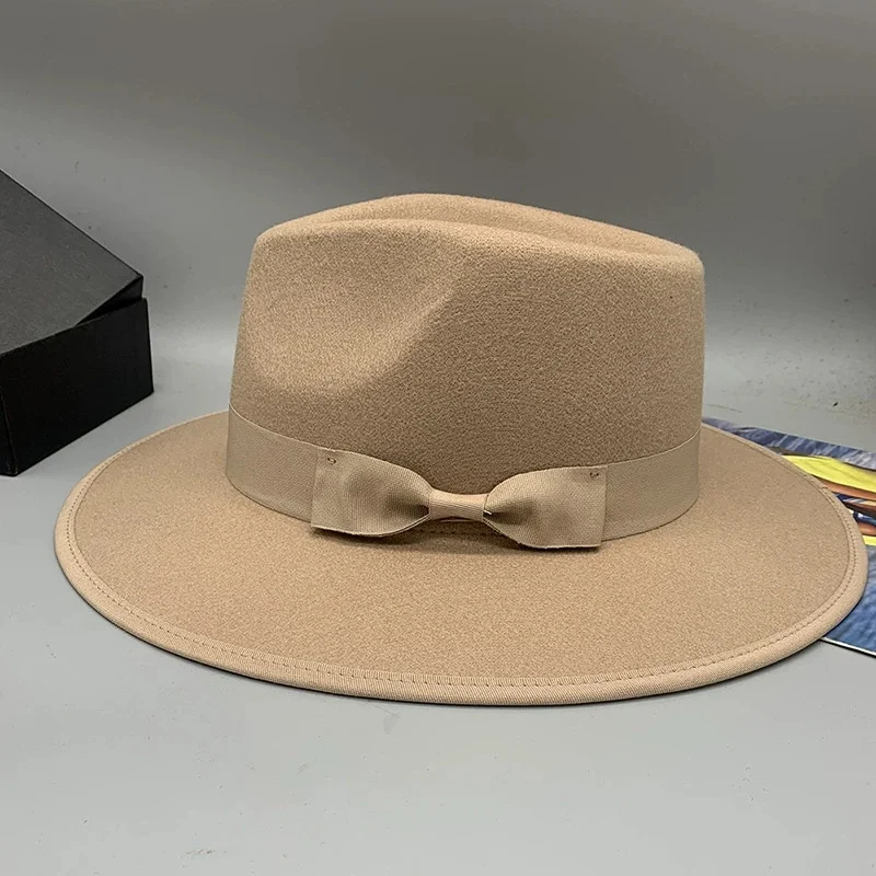 European and American-Style Tapered, Elegant, Vintage Wool Hat with Wide Brim, Warp-Knitted, Solid-Color, Satin-Lined Jazz Hat