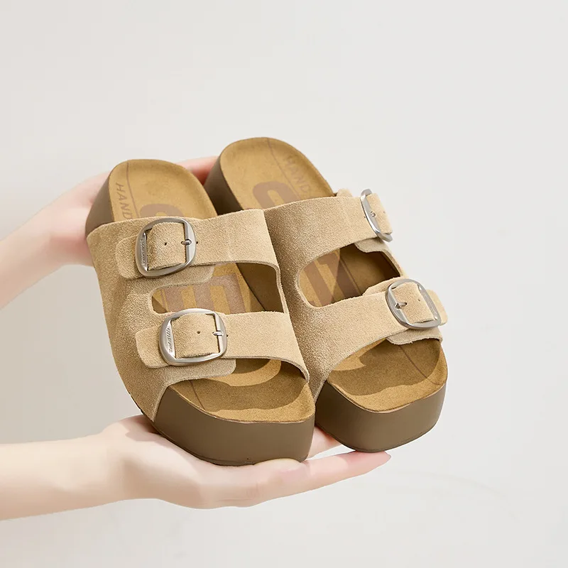 

Женские замшевые сандалии на платформе с двойной пряжкой, пробковой стелькой и массивной подошвой, повседневная обувь для лета и пляжа