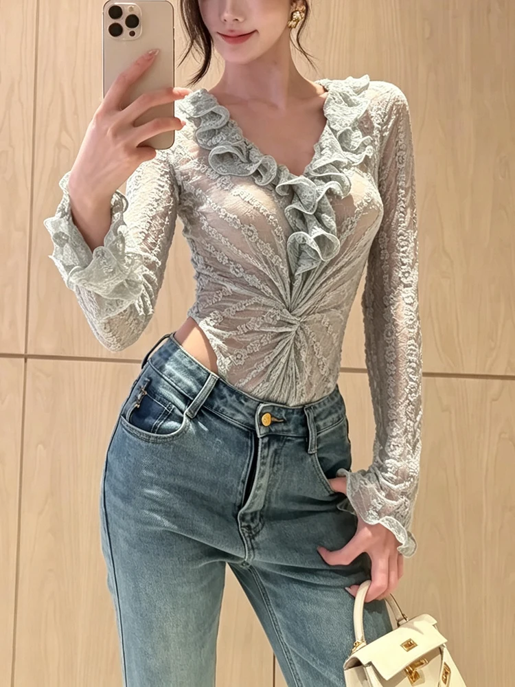 Weird Puss Rüschenrand-Patchwork-Bodysuits für Damen, modisch, schlicht, durchsichtig, geraffter V-Ausschnitt, lange Ärmel, Hottie-Party-Clubwear – Detail 12