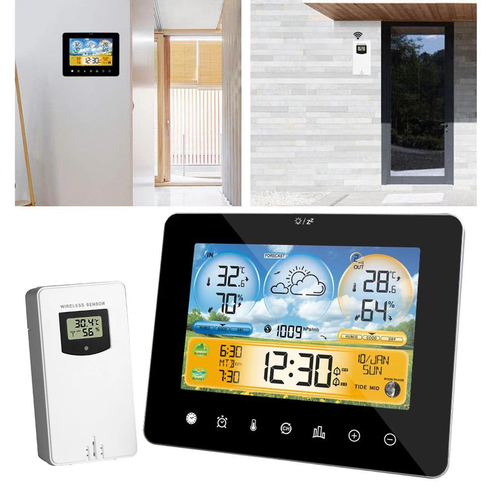 1Set Touchscreen Weather Station Sunrise/Sunset/Temperature/Humidity Monitor Weather Clock For Indoor And Outdoor