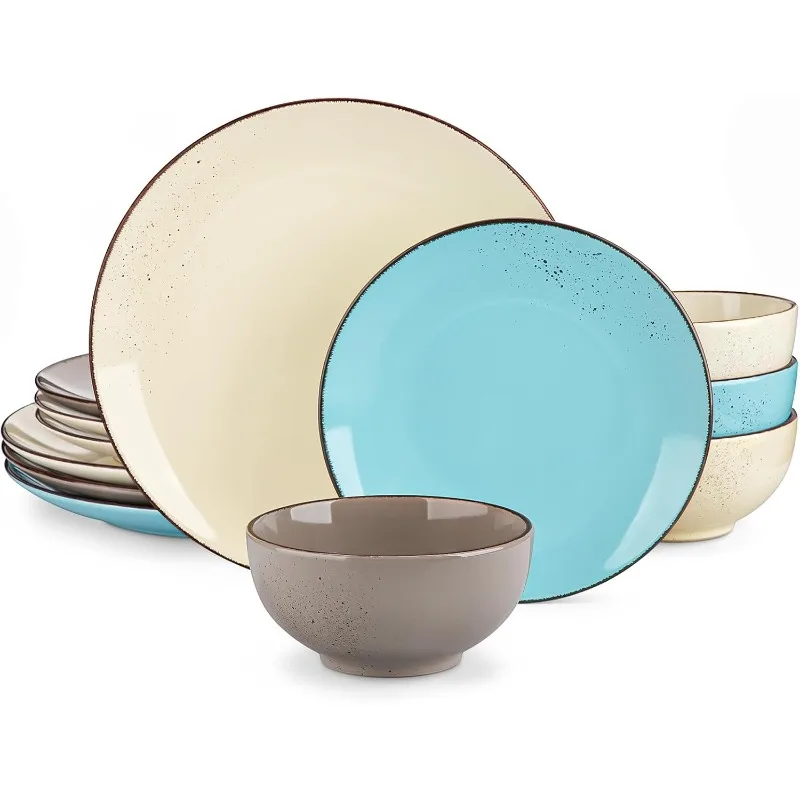 

Place Sets, Stoneware Plates and Bowl Sets, Dinner Salad Dessert Plates and Cereal Bowl Sets, Plate Sets 4, Spray Dot Pattern