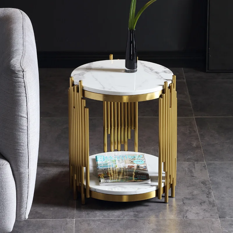 Modern simple apartment living room hotel corner few light luxury gold-plated stainless steel tempered glass round marble edge