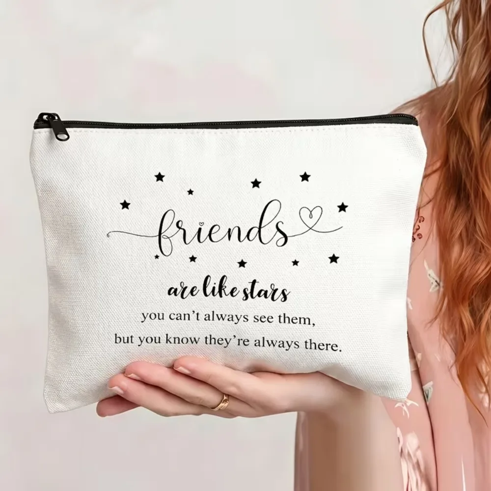 Friendship Saying Makeup Bag Stars & Heart‑Line Art Canvas Zipper Cosmetic Pouch Travel Toiletry Organizer Purse Gift for Bestie