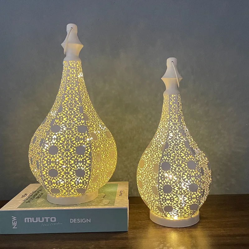 White Hollow LED Wind Lamp Lantern Home Table Decoration for EID Mubarak Ramadan Kareem Birthday Wedding Party Ornaments