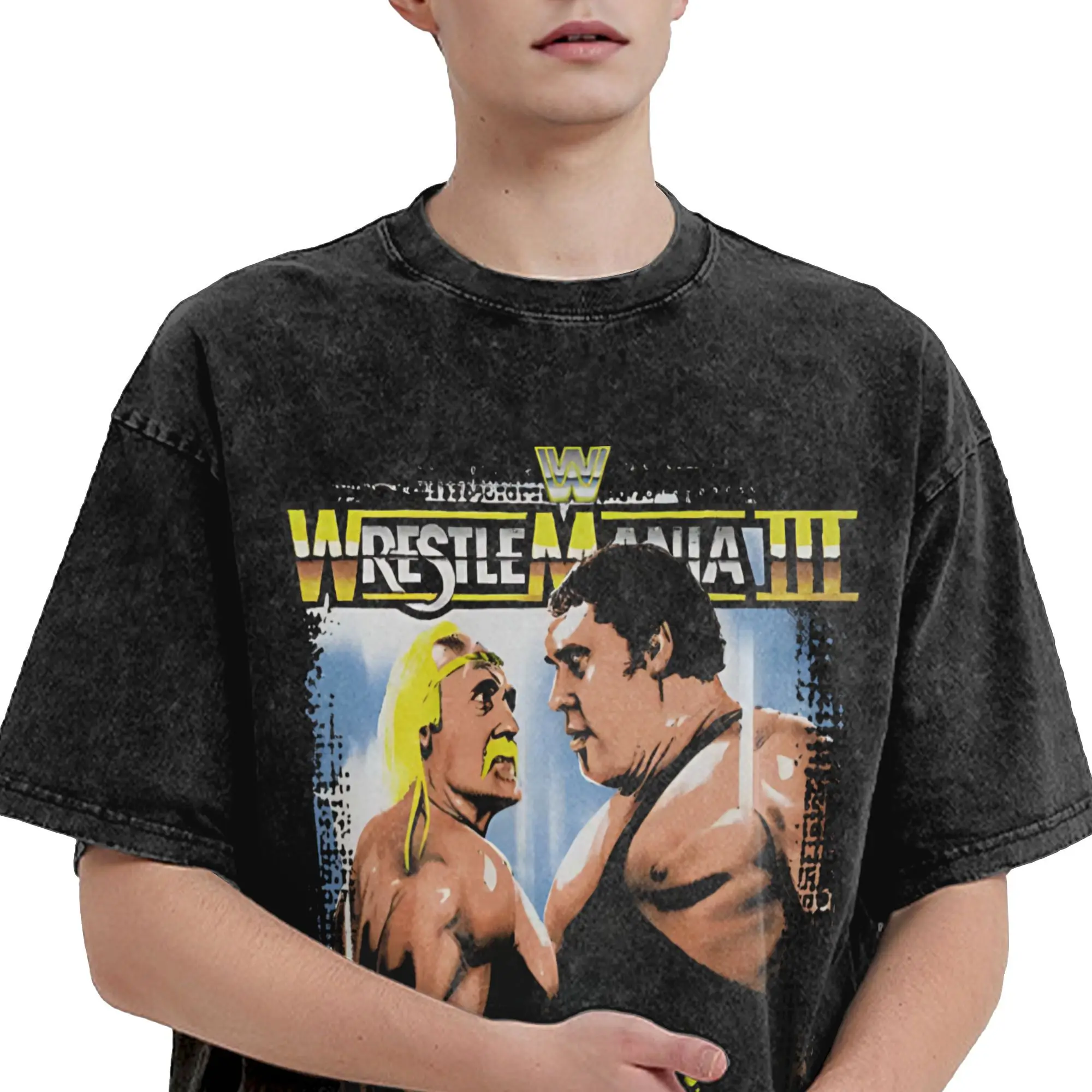 هالك هوجان مقابل أندريه المصارعة العملاقة مانيا III غسلها تي شيرت الرجال Y2K الكلاسيكية تي شيرتات قطن الصيف ملابس فضفاضة كبيرة الحجم