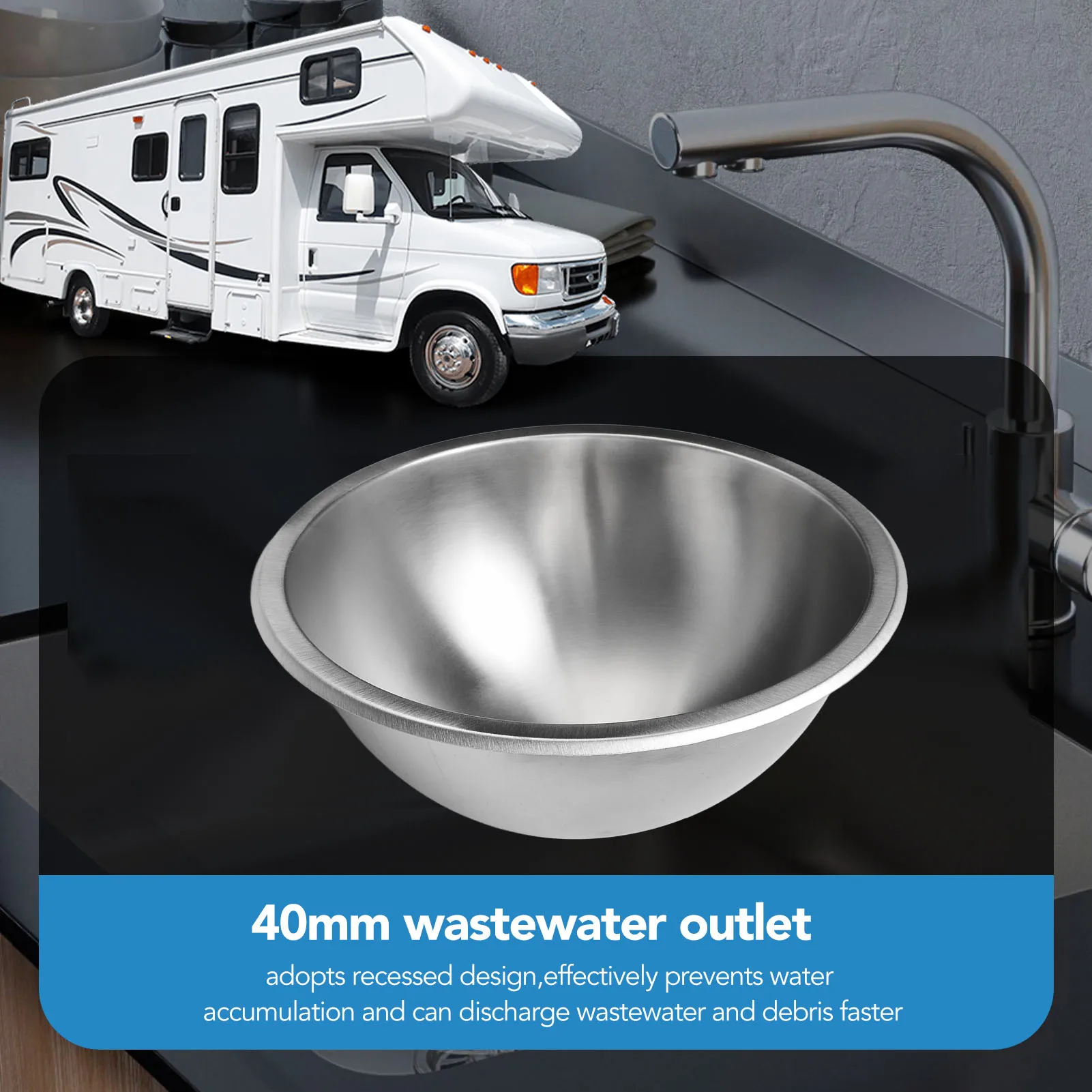 

Round Sink 40mm Sewer Outlet 12 Inch RV Kitchen Bath Sink Rust Proof 304 Stainless Steel for Boat RV