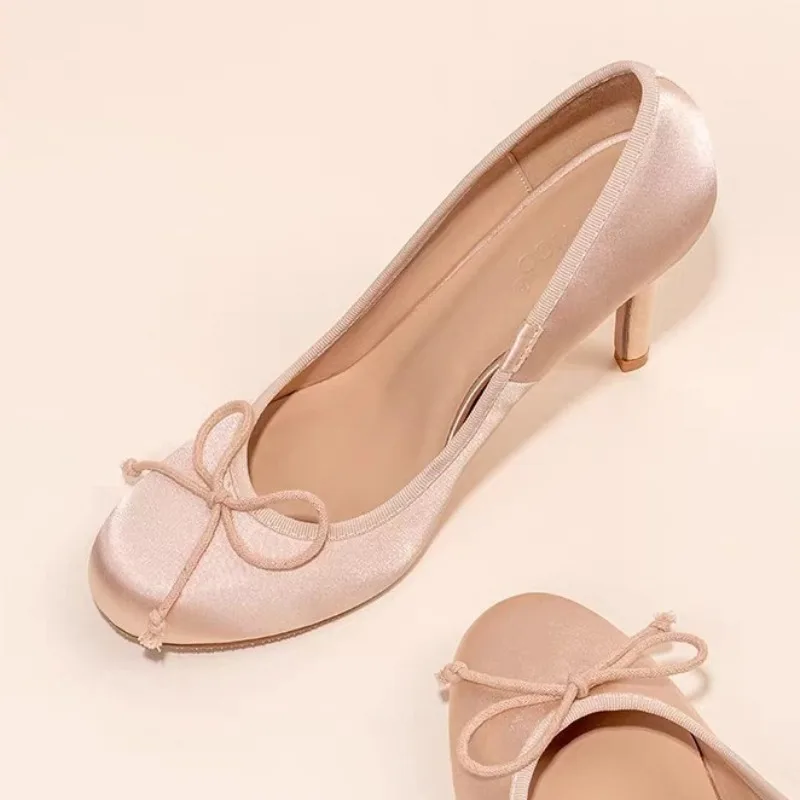 Silk Stiletto Single Shoes Fashion Round Toe Shallow Bow Slip-on Anti-Slip Wear-Resistant High Heels