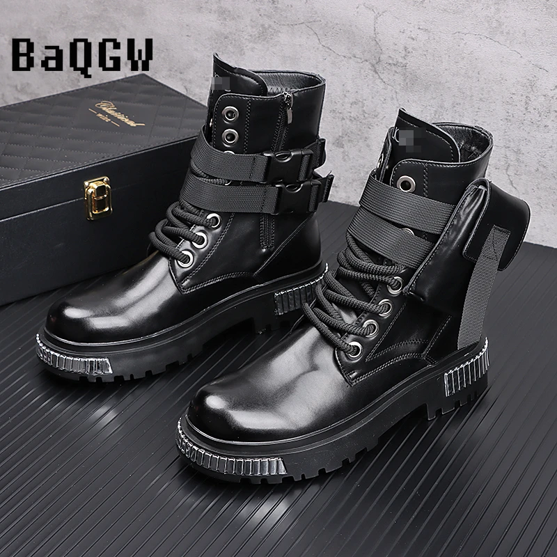 Metal Patchwork High-Top Shoes Men\'s Autumn Winter Fashion Trend Cowboy Boot British Style Height Increasing Leather Short Boots