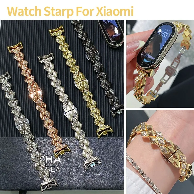 Bling Diamond Metal Band For Xiaomi S4 S3 Rhinestone Bracelet for Miband 8 9 10Pro Jewelry Strap Wristband for Redmi Watch 4 5 6