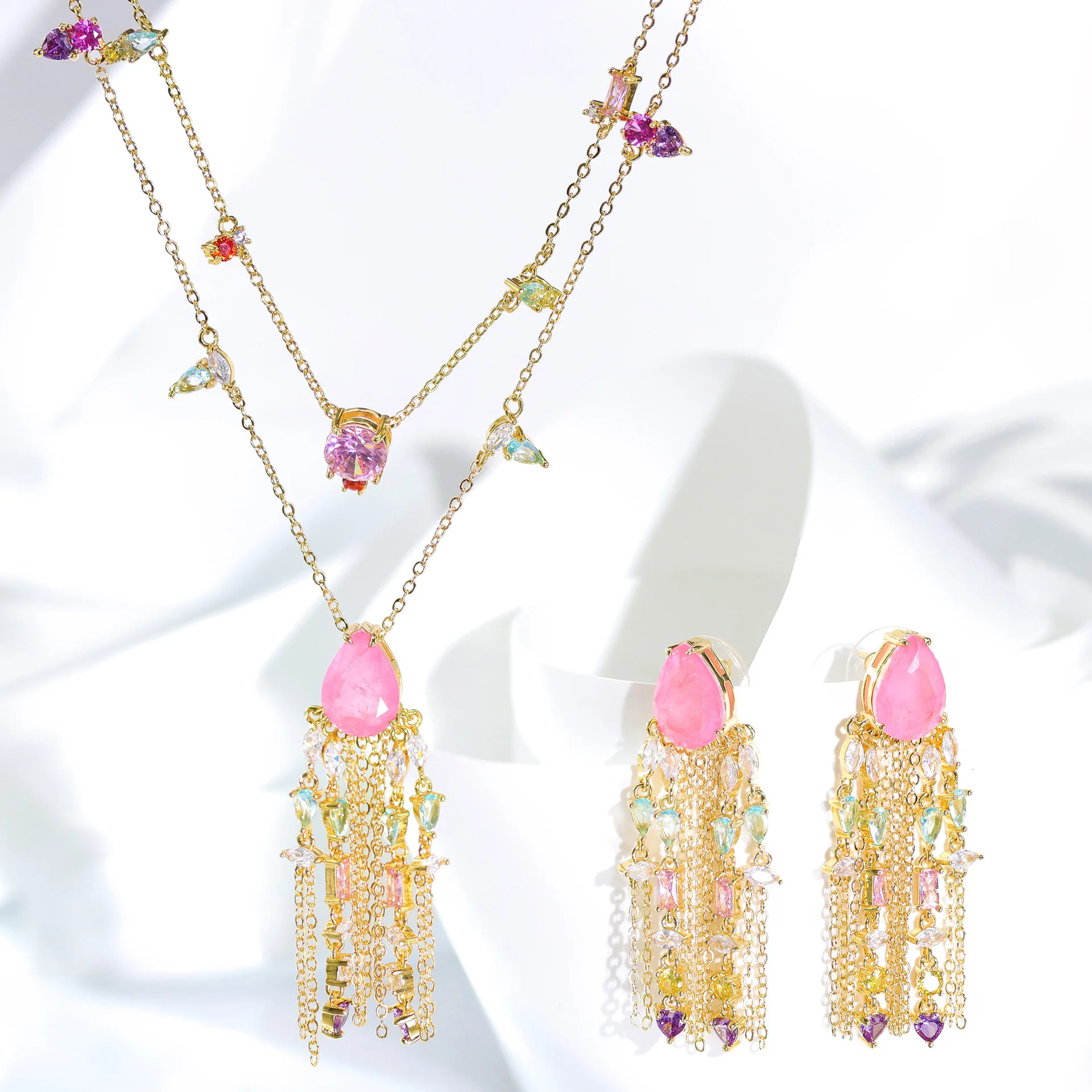 

Kitykiss Bohemian Pink Gem Double - Layer Tassel Jewelry Set for Women, Evening Party Imitation Natural Necklace & Earrings Set