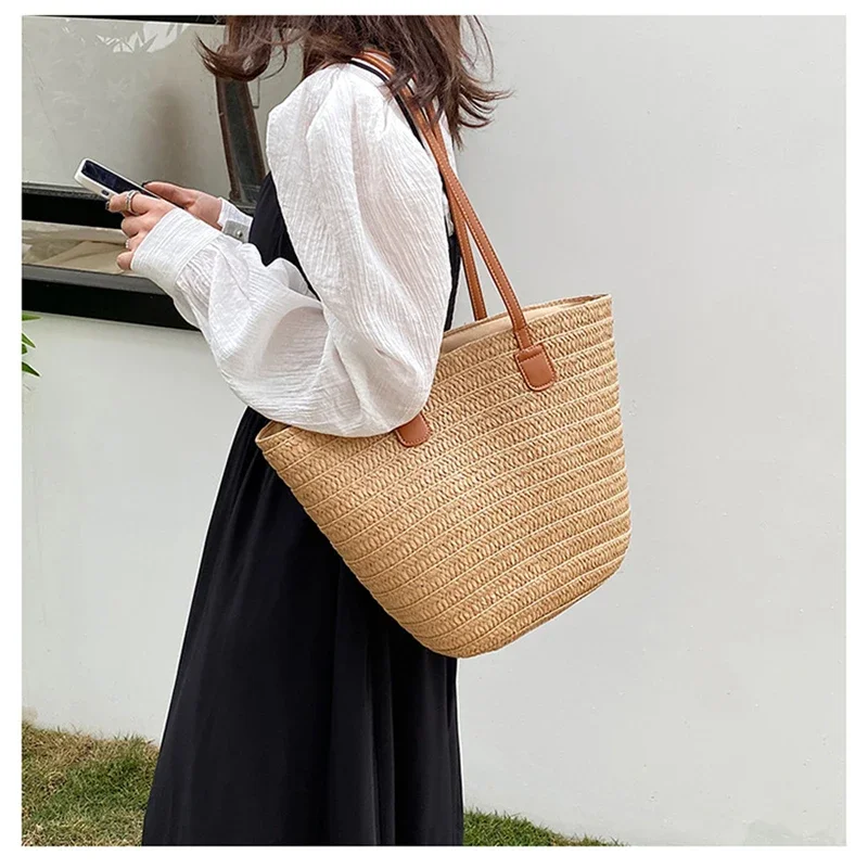 

Ladies Beach Holiday Retro Woven Shoulder Bag Women Summer Grass Woven Handbags Female Casual Beach Portable Underarm Bags Lady