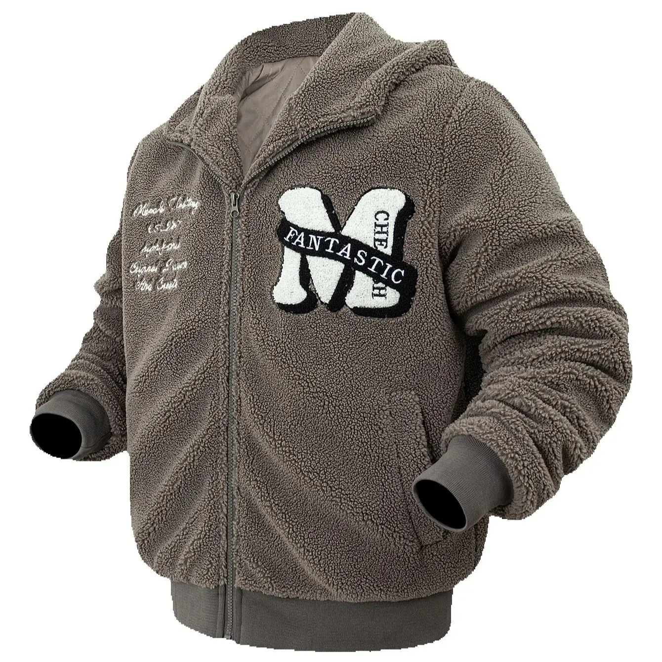 

Men's Full-Zip Letters Embroidered Fuzzy Sherpa Fleece Jacket Long Sleeve Thick Warm Hooded Outdoor Coats for Autumn and Winter