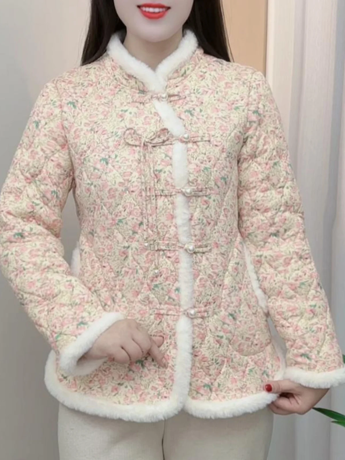 

New Chinese Sle Cotton Jaet Floral Print Thiened Winter Coat Faionable Retro Tang Costume Long Sve Stand Collar Coat