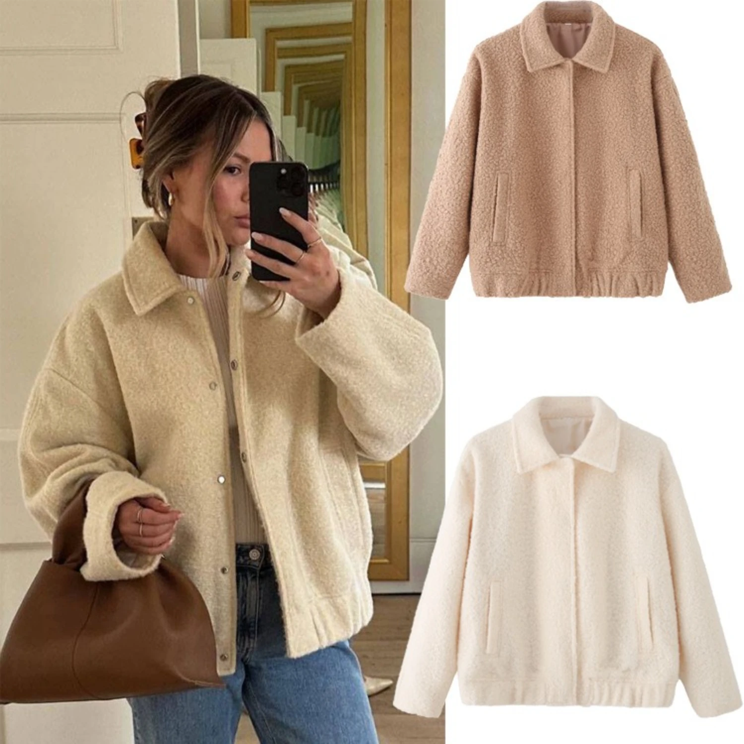 

Short Lapel Faux Fur Jacket Solid Offce Lady Beige White Furry Jacket Fluffy Casual Slim Faux Lamb Plush Coats Warm Thick Luxury