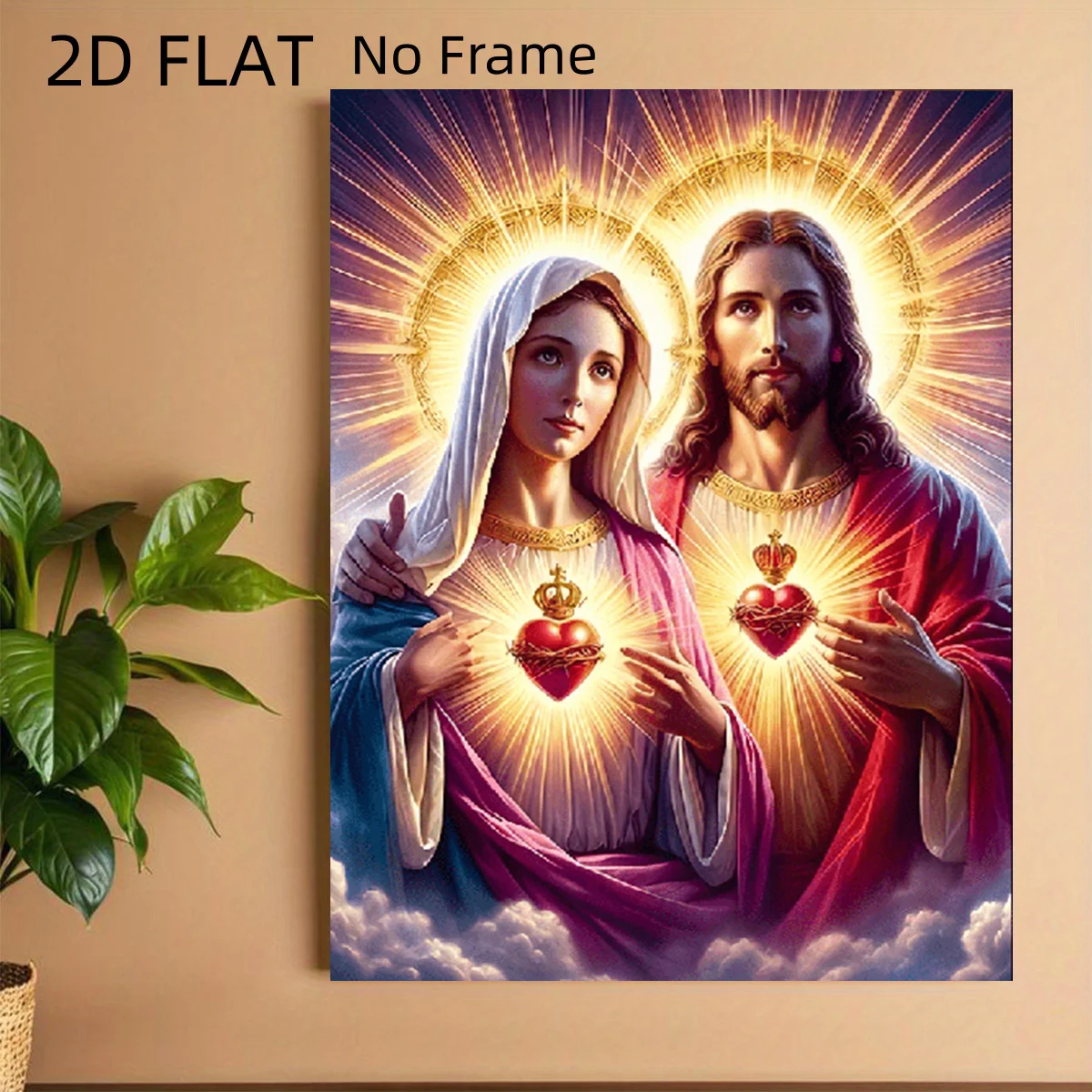 2D Flat, 2D Flat, 2D Flat Frameless Posters Jesus And Virgin Mary with Sacred Heart, Cloud And Divine Light Surrounding, Expo