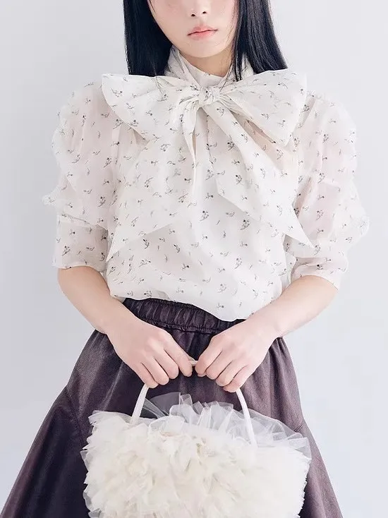 

Spring 2026 New Sweet Japanese Style Pure Color Print Knot See-through Chiffon Bubble Sleeve Blouse Women's Top