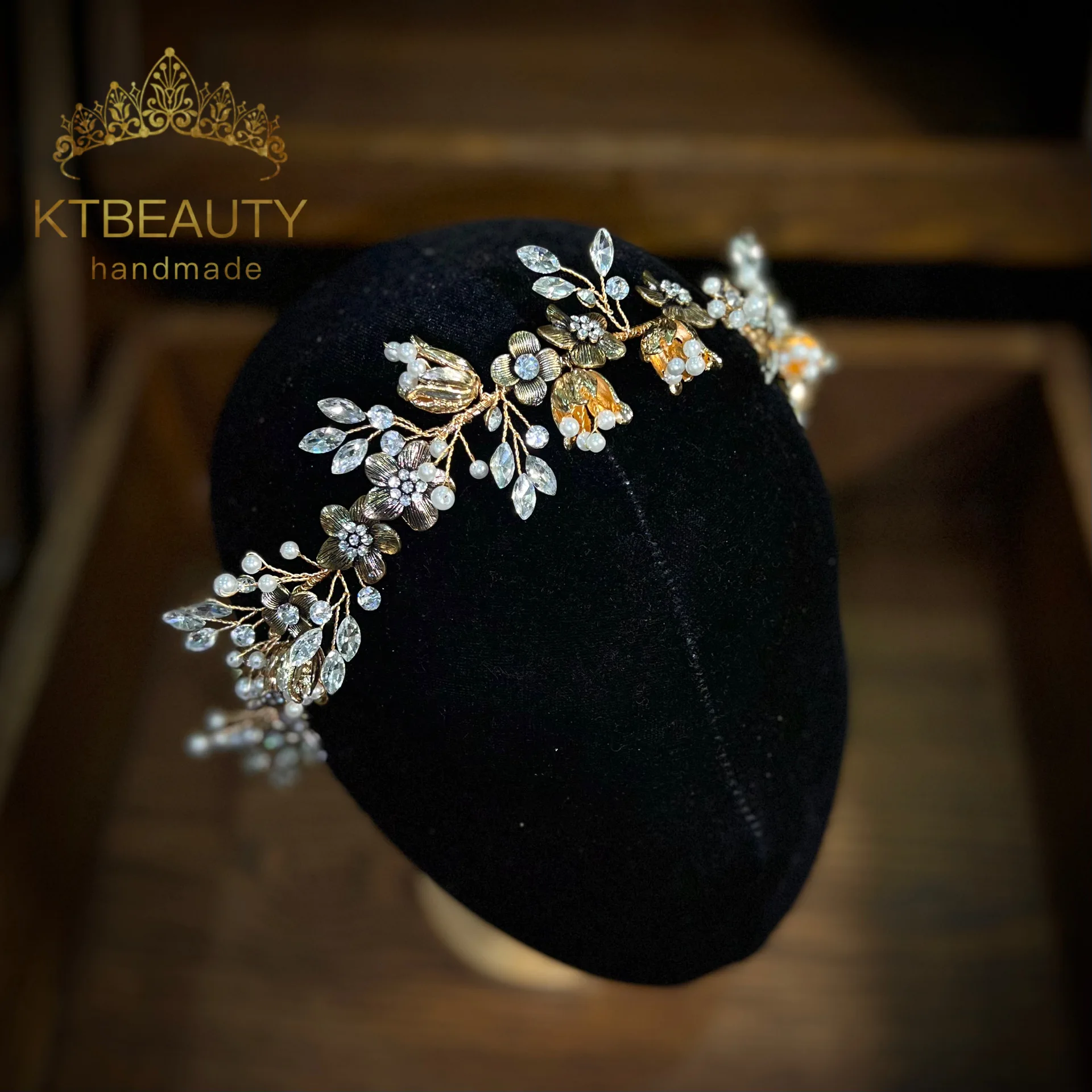 KTBEAUTY Luxury Pearls Flowers Girls Golden Royal Crystal Headpiece Handmade Queen Princess Pageant Party Crown Bridesmaids