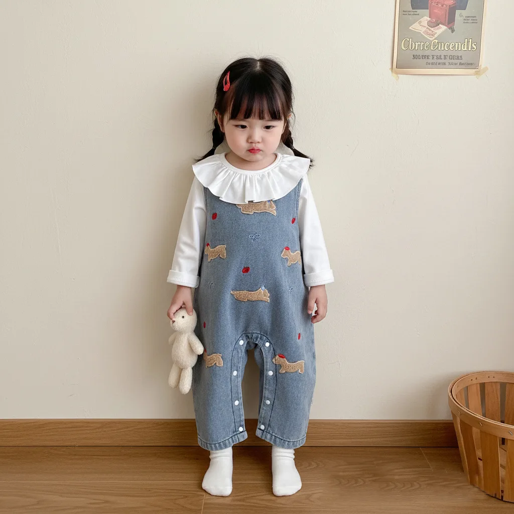 Baby Clothes Girls' Spot Spring and Autumn Cartoon Embroidered Denim Overalls, Doll Collar Top Set