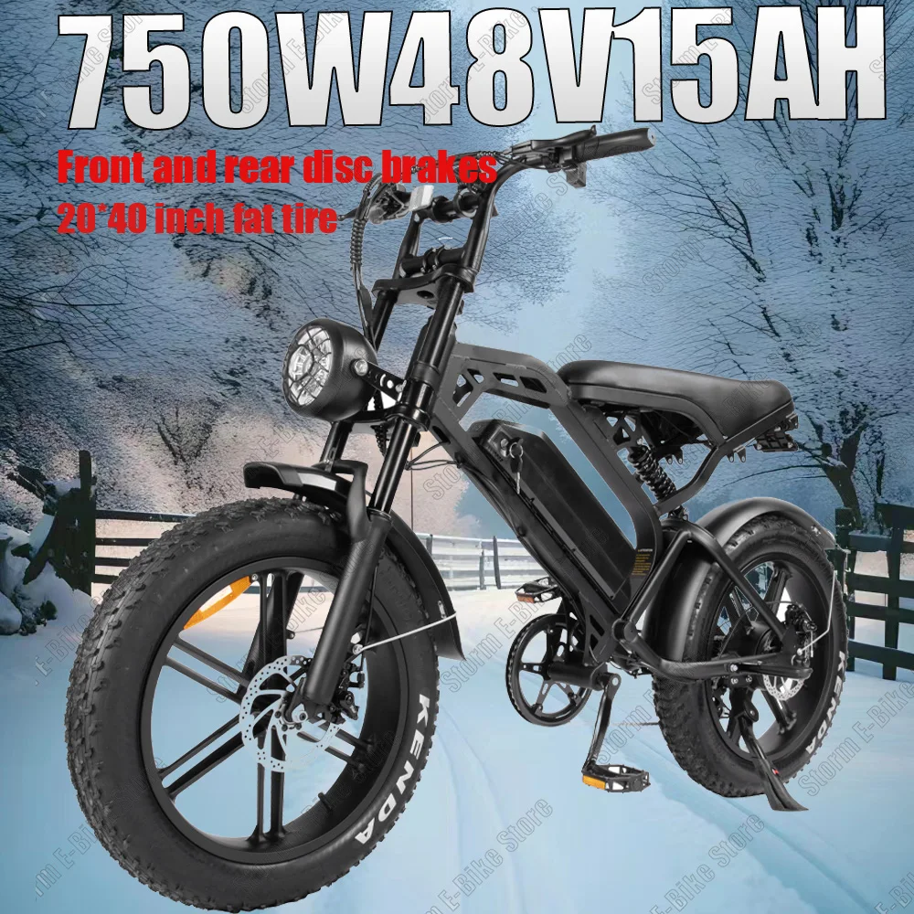 

V20 Mountain E-bike750W Электрический велосипед с двигателем, 20-дюймовые толстые шины, 7-скоростная двойная амортизация, электрический велосипед с гидравлическим тормозом