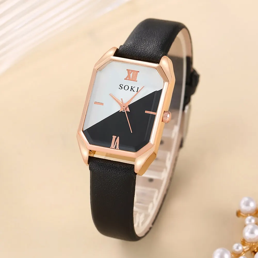 6pcs Square Quartz Watch Dainty Bracelets Set Women Black White Watch Dial Leather Strap Heart Leaf Infinity Bracelets Set