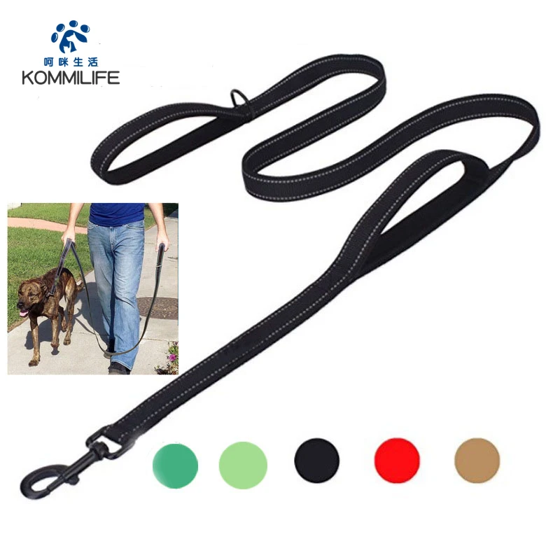 KOMMILIFE Reflective Dog Leash Double Handle Pet Leash For Dogs Soft Padded Nylon Lead 150-180cm Pet Dog Trainning Rope