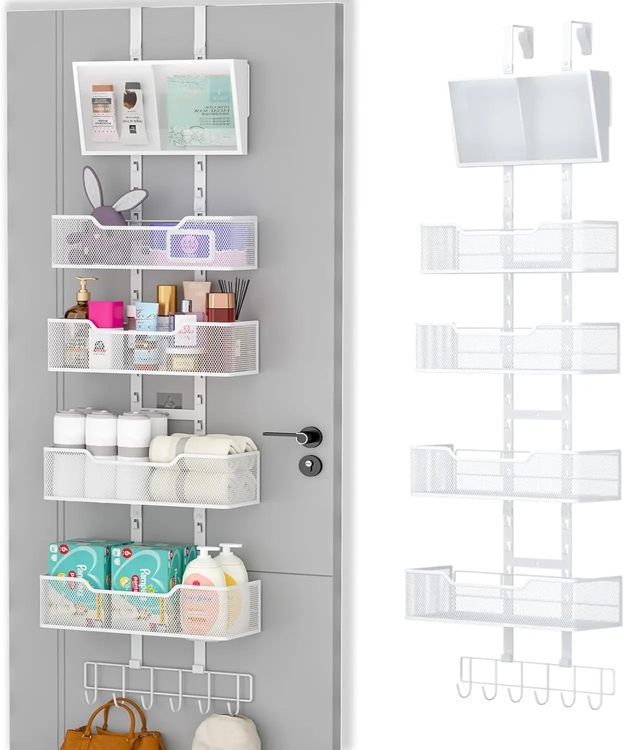 

Adjustable Over The Door Organizer, Hanging Door Storage with PVC Pocket and 4 Metal Baskets Wall Mount, Closet Door Org