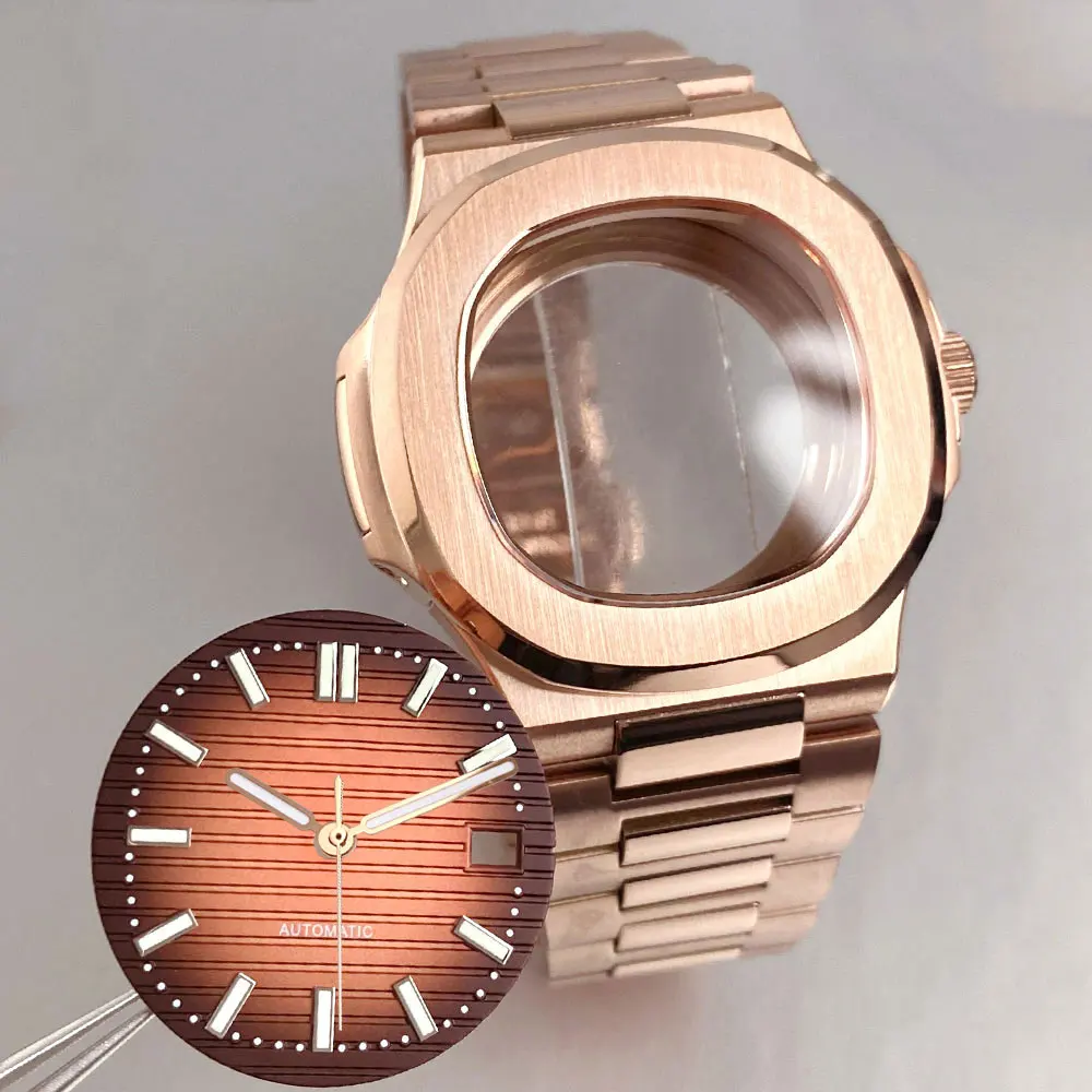 

40mm Rose Gold Stainless Steel Square Watch Case Dial 10ATM Dive Case Fit NH35 NH36 Sapphire Crystal Glass Back Screw Crown