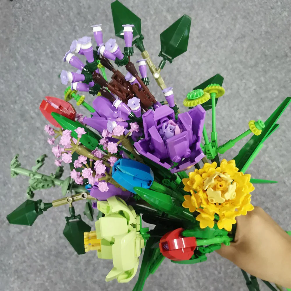 Technical Ideas Flowers Bouquet Building Blocks Moc Romantic Rose Flower Bricks Home Decoration DIY Toys for Girl Birthday Gift