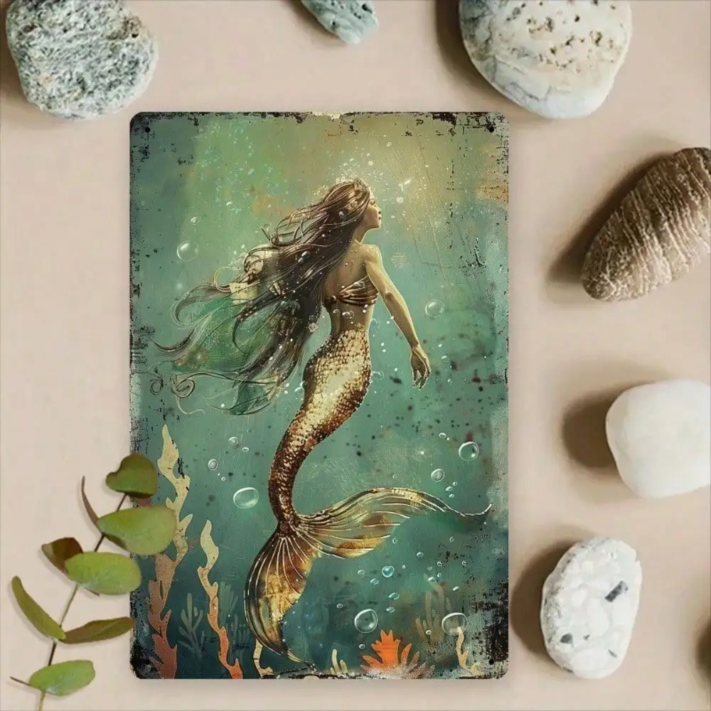 WECOLI Vintage Blechschild Wanddekoration, Retro Meerjungfrau Ozean Strand Plakette 8x12 Zoll für Zuhause Bar Café Nautische Dekoration