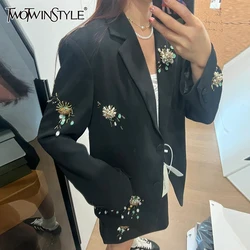 TWOTWINSTYLE Spliced Sequins Two Piece Set For Women Notched Collar Long Sleeve Top High Waist Mini Skirt Elegant Sets Female