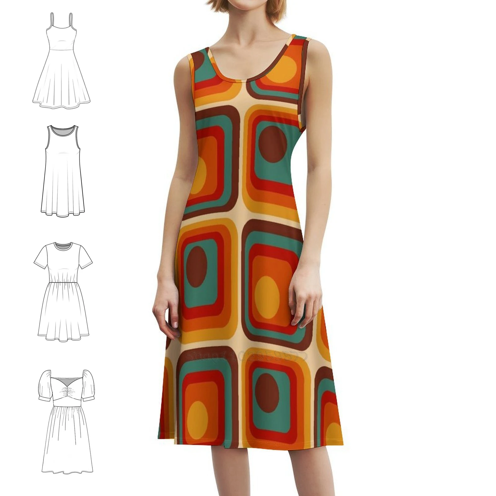فستان ريترو هندسي متدرج مربع ودائرة 221 فستان حفلات أنيق للنساء على شكل حرف a مع قصير/طويل/بدون أكمام #1