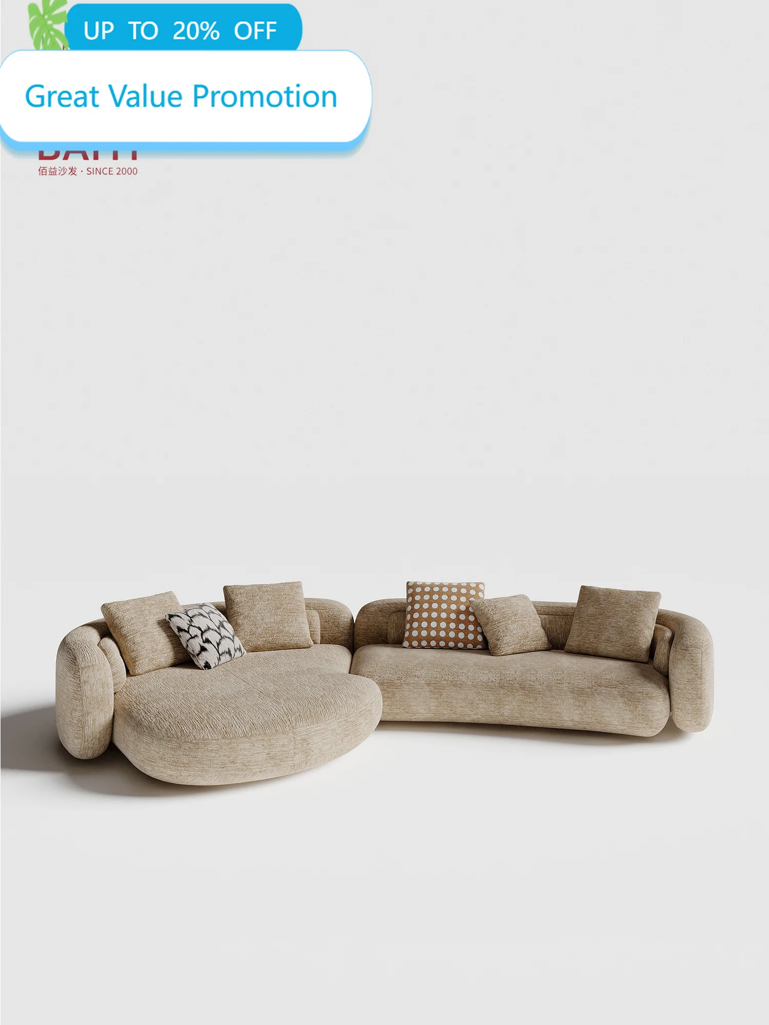 Beige Boucle Curved Modular Sofa 2 Piece Organic Shaped Chaise Chunky Cylinder Armrest Deep Seat For Living Room Villa