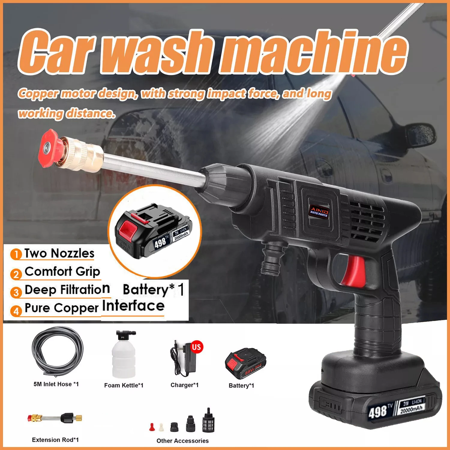 Wireless Car Washer High Pressure Car Wash Water Gun Car Wash Washer Gun Foam Portable Car Washing Machine for car Home Cleaning