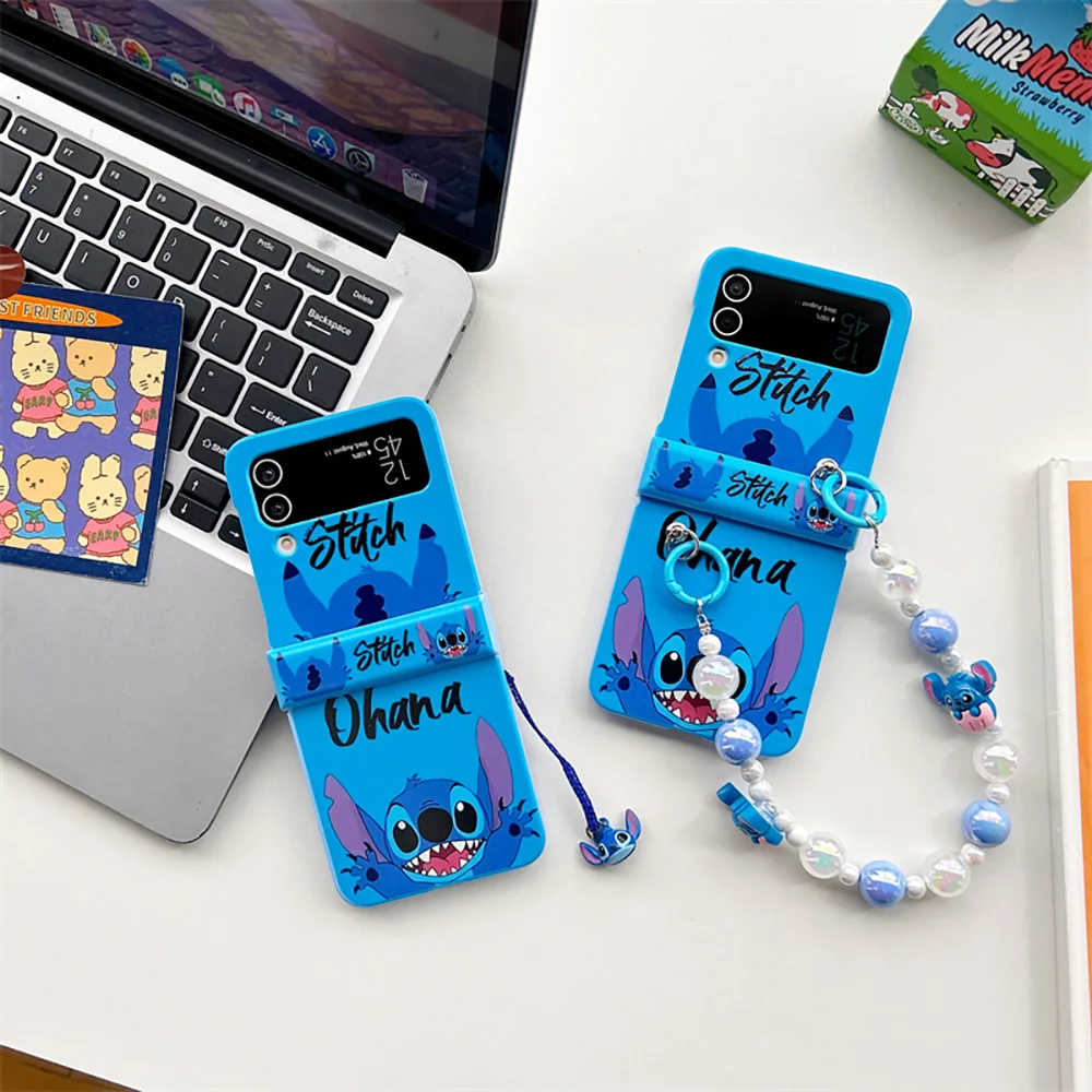 Disneies Cartoon Stitch with Lanyard Phone Case for Samsung Galaxy Z Flip 3 4 Z Flip 5 6 5G PC Hard Anti-drop Back Cover Funda