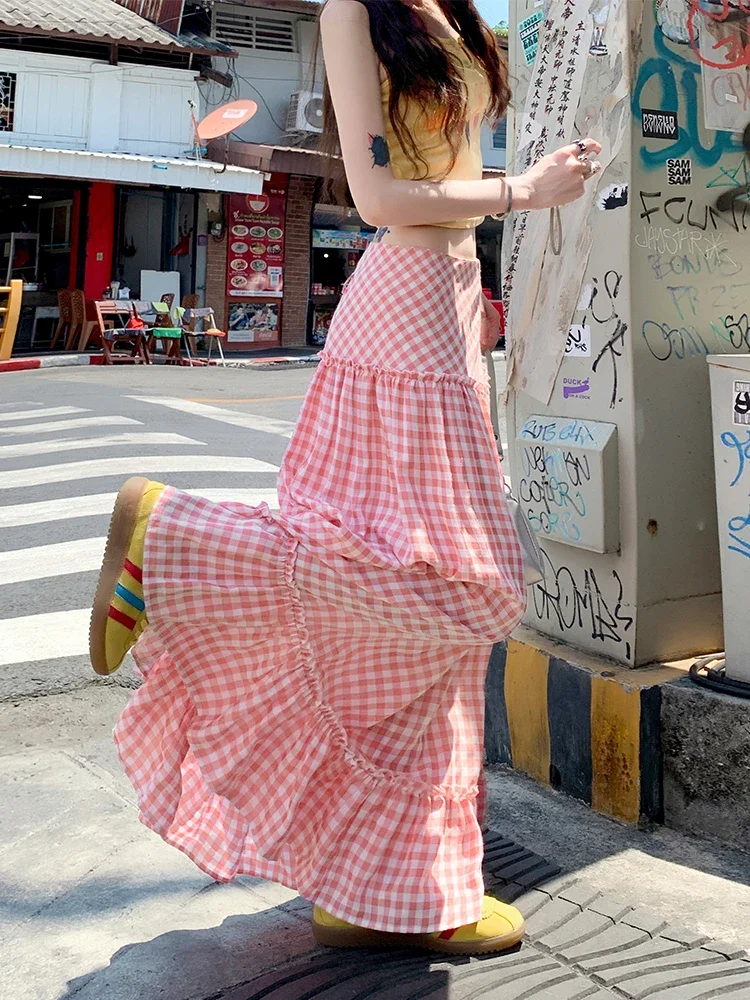 Saliency-Falda Vintage a cuadros rosa Oni de dopamina para mujer, falda por debajo de la rodilla drapeada de cintura alta, paraguas grande, estilo coreano Y2k