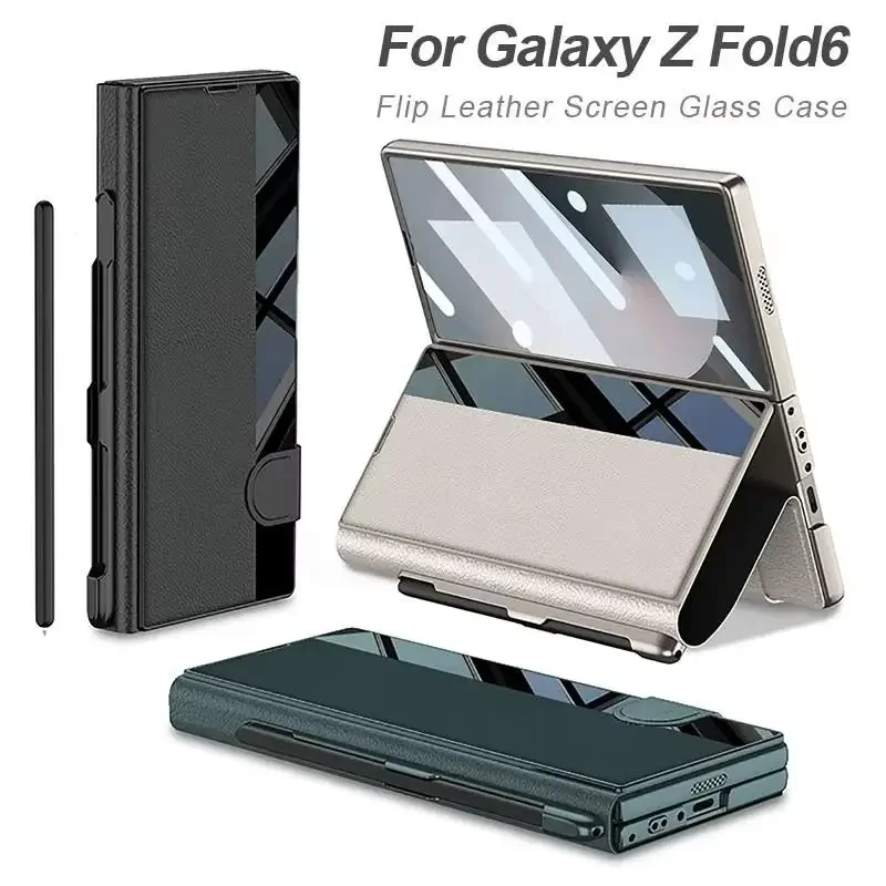

Роскошный кожаный противоударный защитный чехол для Samsung Galaxy Z Fold 7, встроенный слот для ручки со складной подставкой для ручки, чехол для телефона