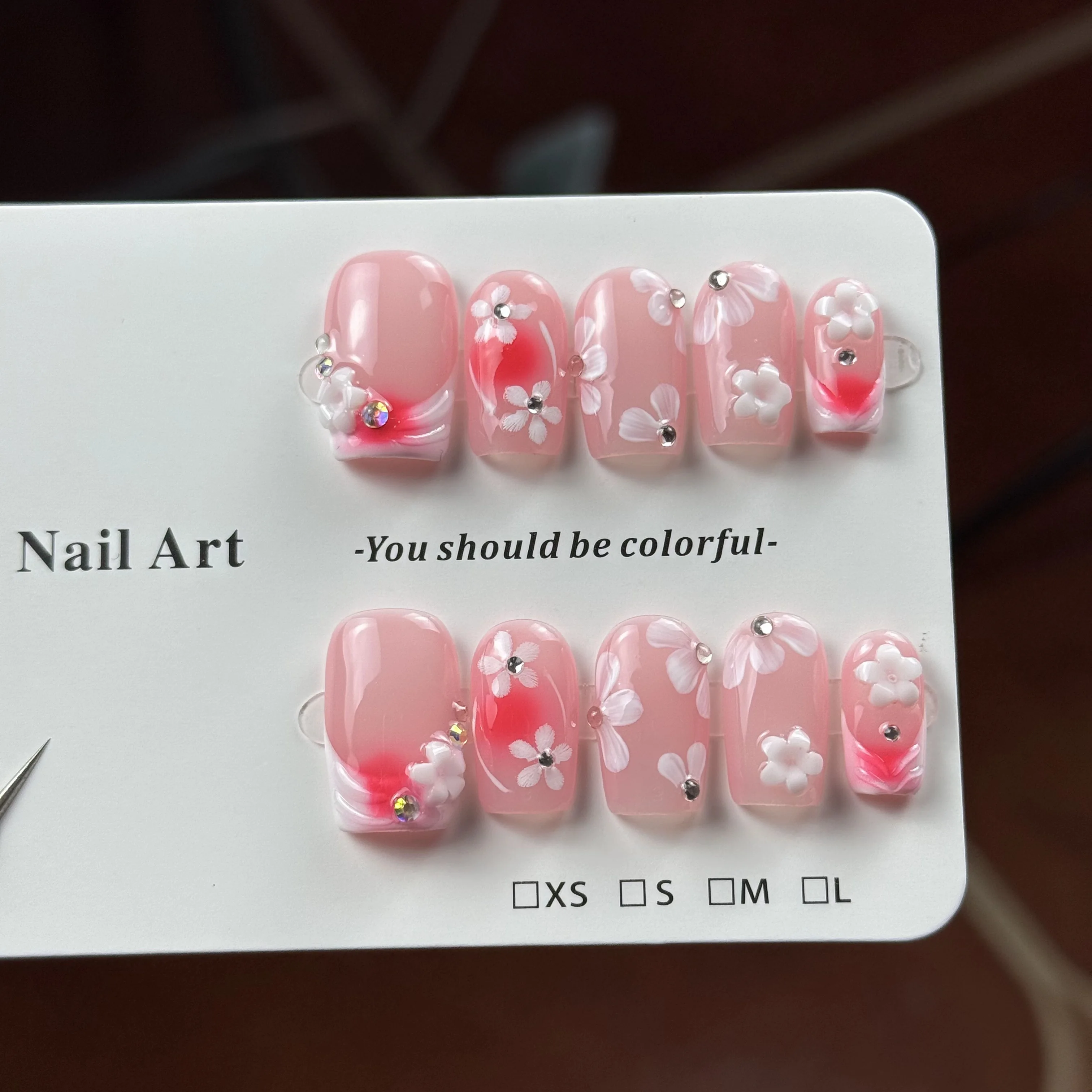 10 قطع من أسلوب الحلو واللطيف الراقية، المنحوتات المرسومة يدويًا، أزهار الكرز الحلوة، أظافر صناعية مصنوعة يدويًا من الماس المتلألئ