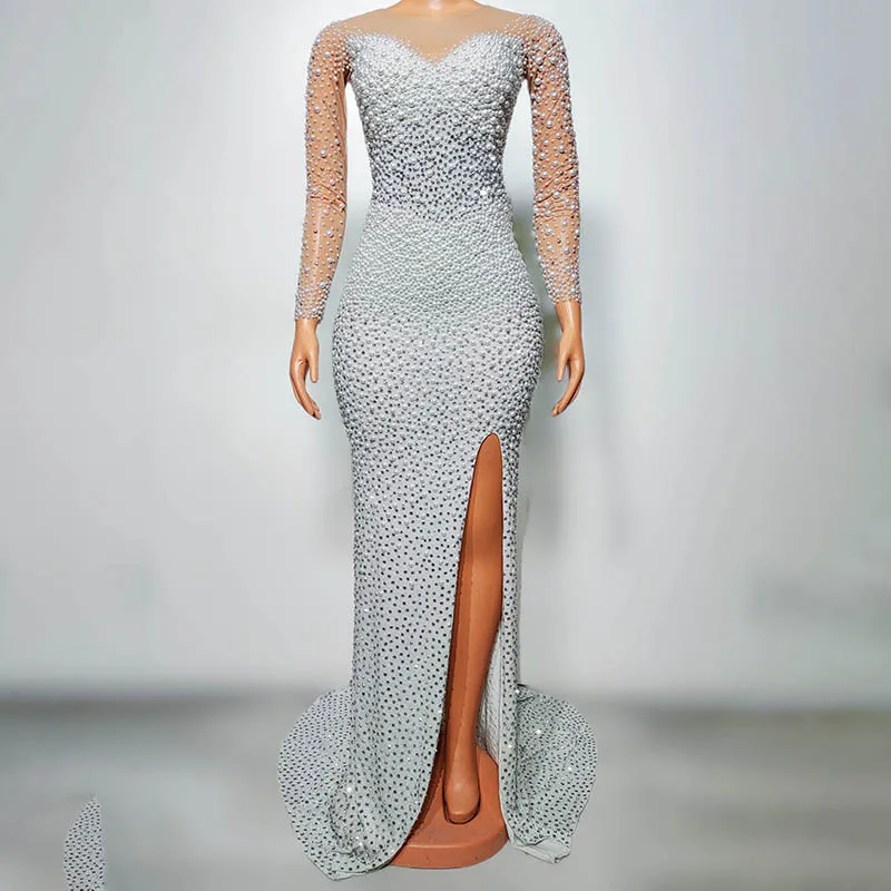 

White Pearl Birthday Ball Party Luxury Elegance Shiny Diamond Pearl High Slits Dress Women's Night Kleider Für Besondere Anlässe
