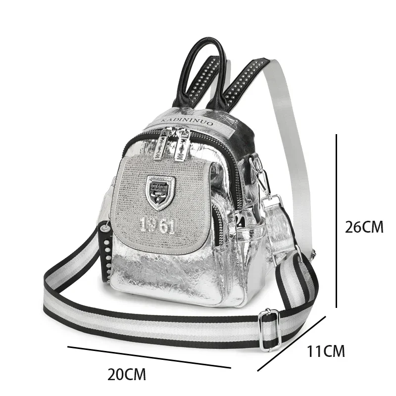 Genuine Leather Rhinestone Backpack for Women - Stylish Shiny Crossbody Bag, Fashionable Two-Way Shoulder Bag for Casual Travel