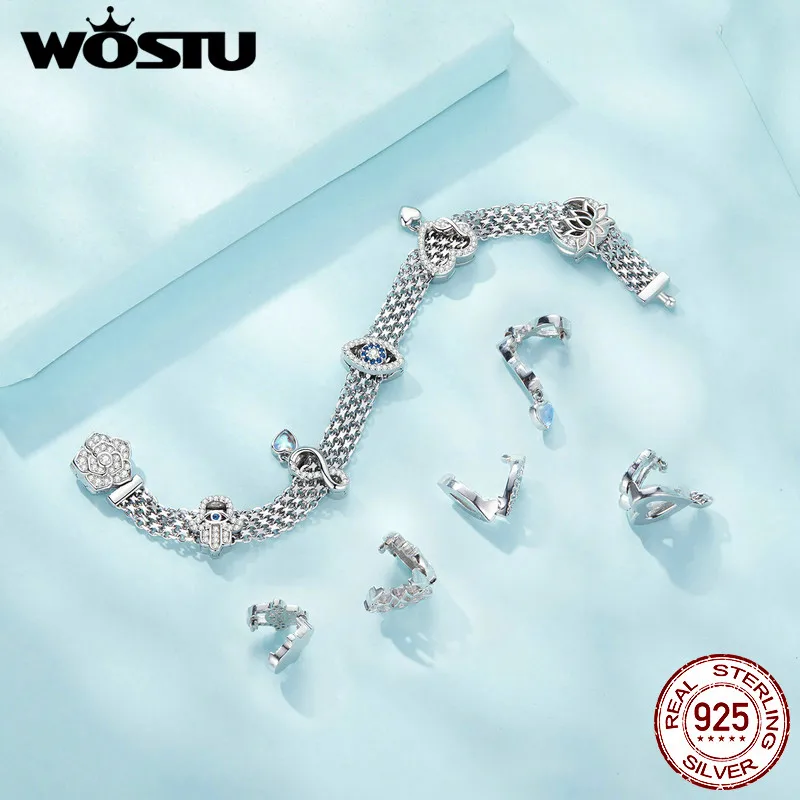 WOSTU Original 925 Sterling Silver Rose Basic Bracelet Flat Chain Bangle Sparkling Zirconia Flower Charm for Women Birthday Gift