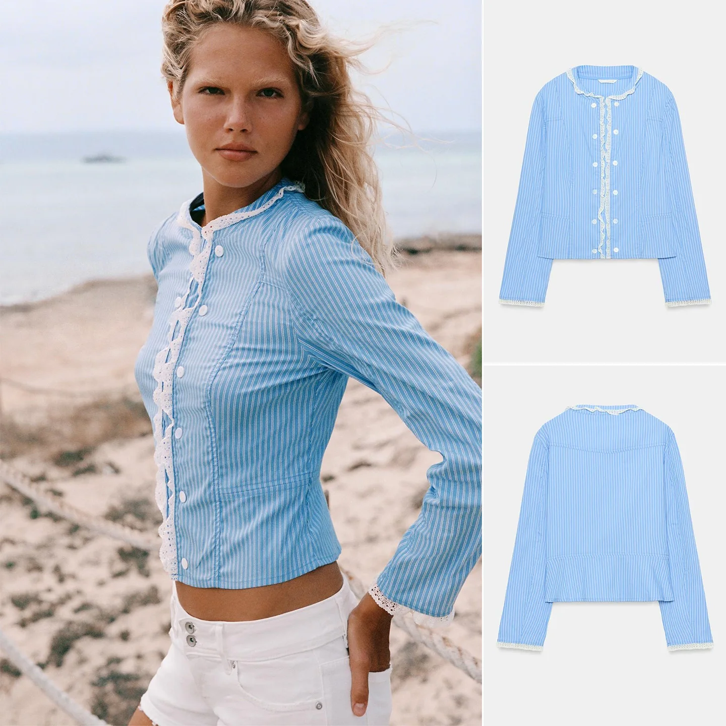New Autumn Women's Long Sleeve round Neck Color Block Lace Trim Striped Jacket Casual Style Standard Fit Short Length Polyester