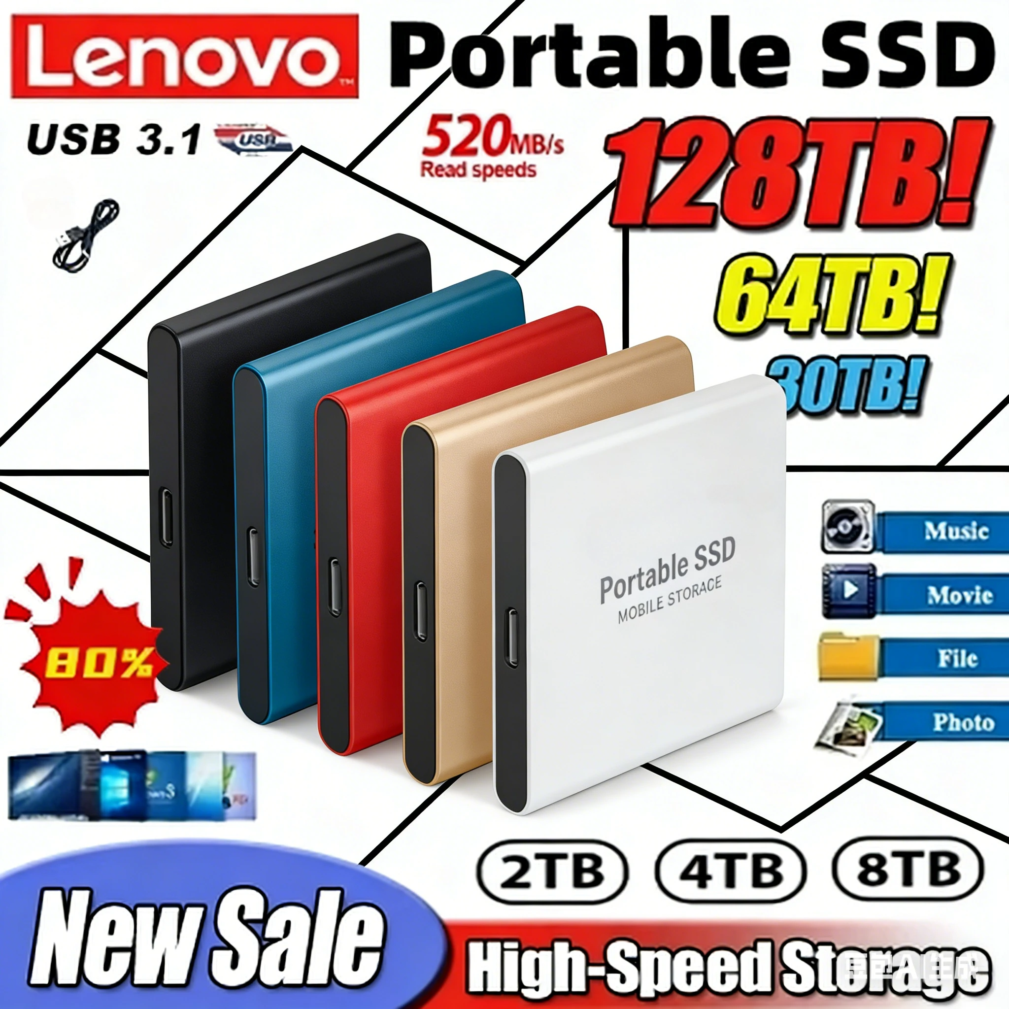 

Внешний высокоскоростной жесткий диск Lenovo 500 ГБ, 2 ТБ, 4 ТБ, 8 ТБ, USB 3.1 SSD, 2,5 дюйма, портативный SSD для ноутбука, PS4, 16 ТБ, жесткий диск