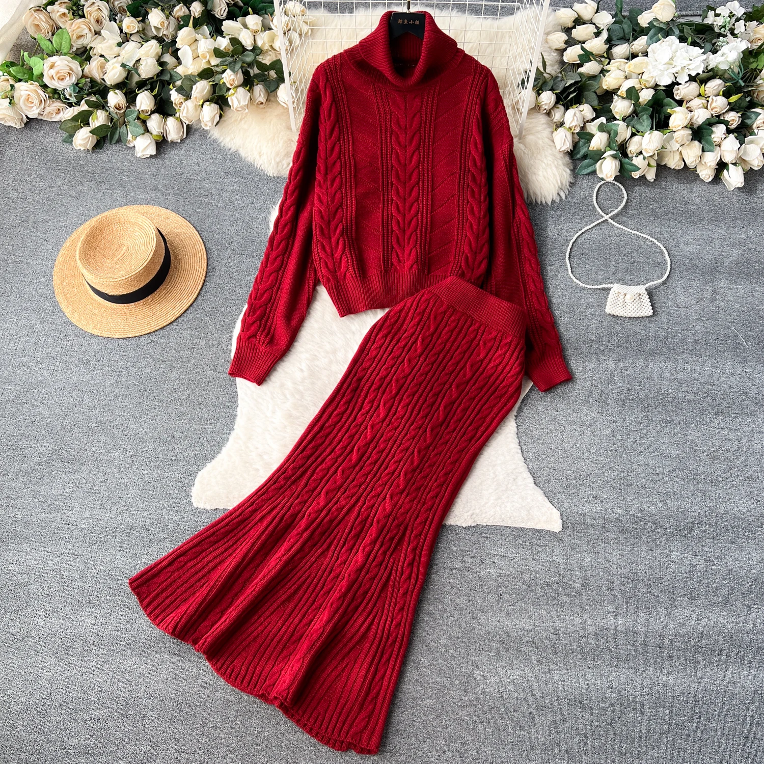 ALPHALMODA 2024 Winter New Turtle Neck Long-sleeved Twisted Sweater + High Waist Mermaid Knit Skirt Women Vintage 2pcs Suit