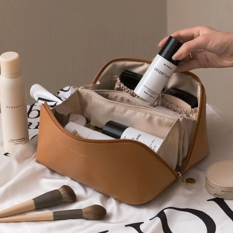 Bolsa de maquillaje de gran capacidad para mujer, bolsa de cosméticos de cuero, organizador de artículos de tocador multifunción, estuche de