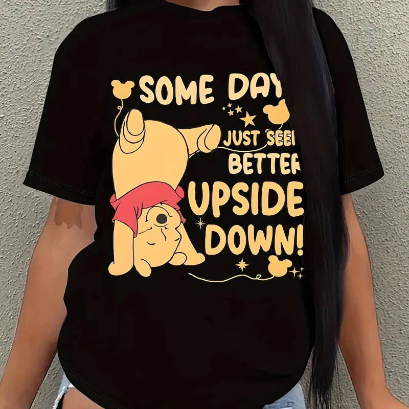 

Disney 2026, новый топ с круглым вырезом для родителей и детей в стиле ретро, Винни-Пух с мультяшным буквенным принтом, повседневная одежда с короткими рукавами