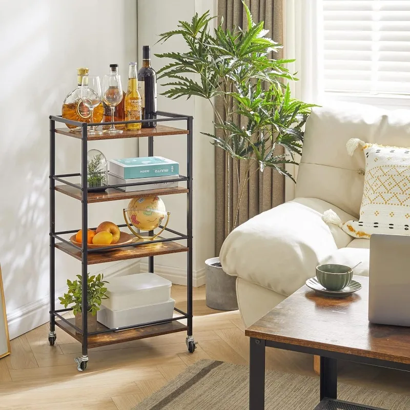 

Industrial Bar Carts, Kitchen Storage Serving Cart, Mobile Kitchen Shelf，4 Tier Storage Cart for Bath Rustic Brown and Black