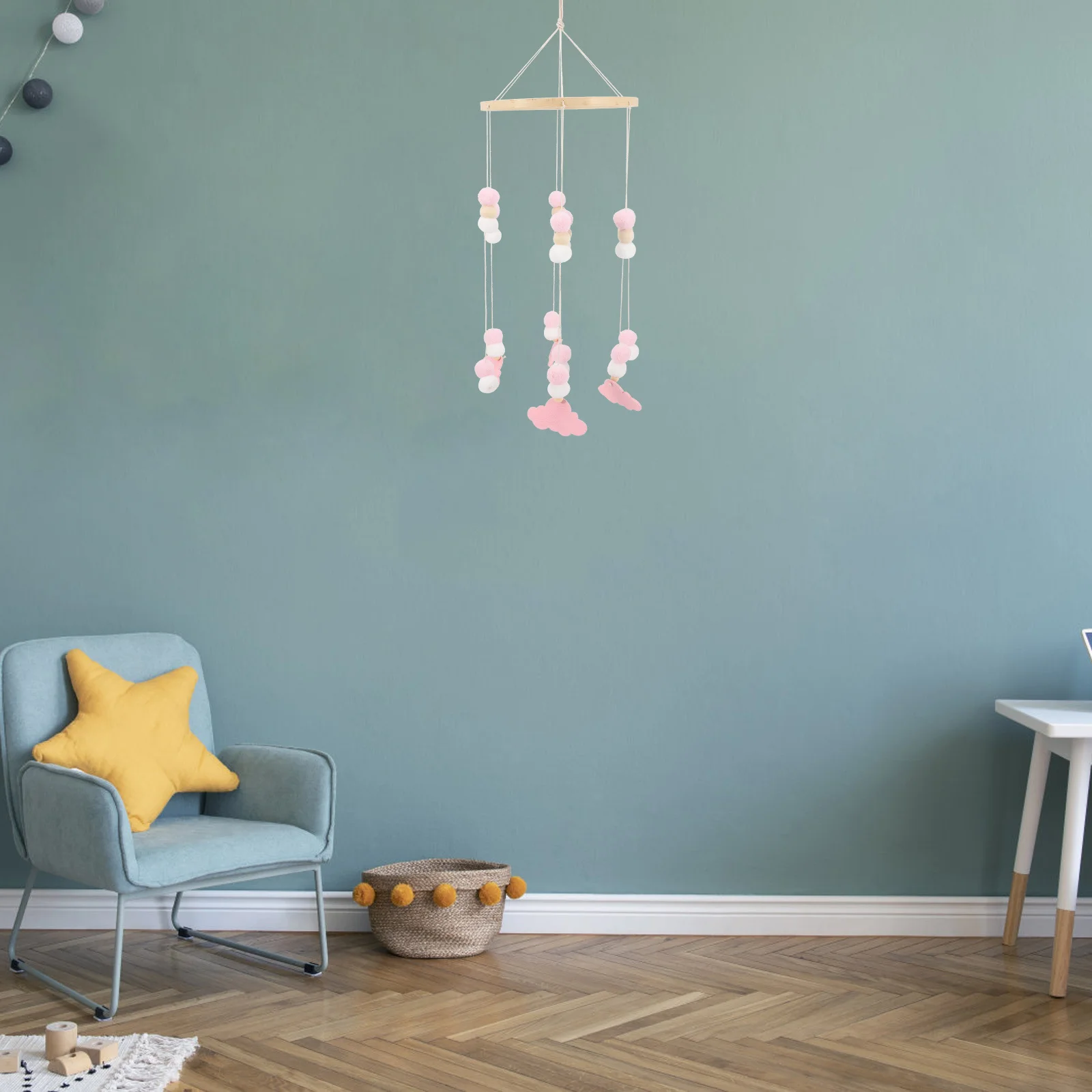 Houten kraal ster olifant babymobiel wieg hangende hanger kinderkamer decoratie wolk windgong blauw zilveren kerstballen