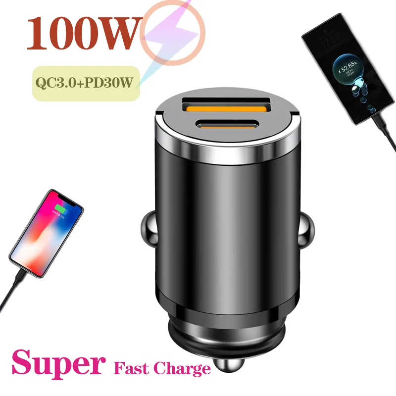 

MAX 100W Invisible Mini Car Charger 2 Ports Car Charger Fast Charging PD30W/QC3.0Car Cigarette Lighter Flash Charge for phones