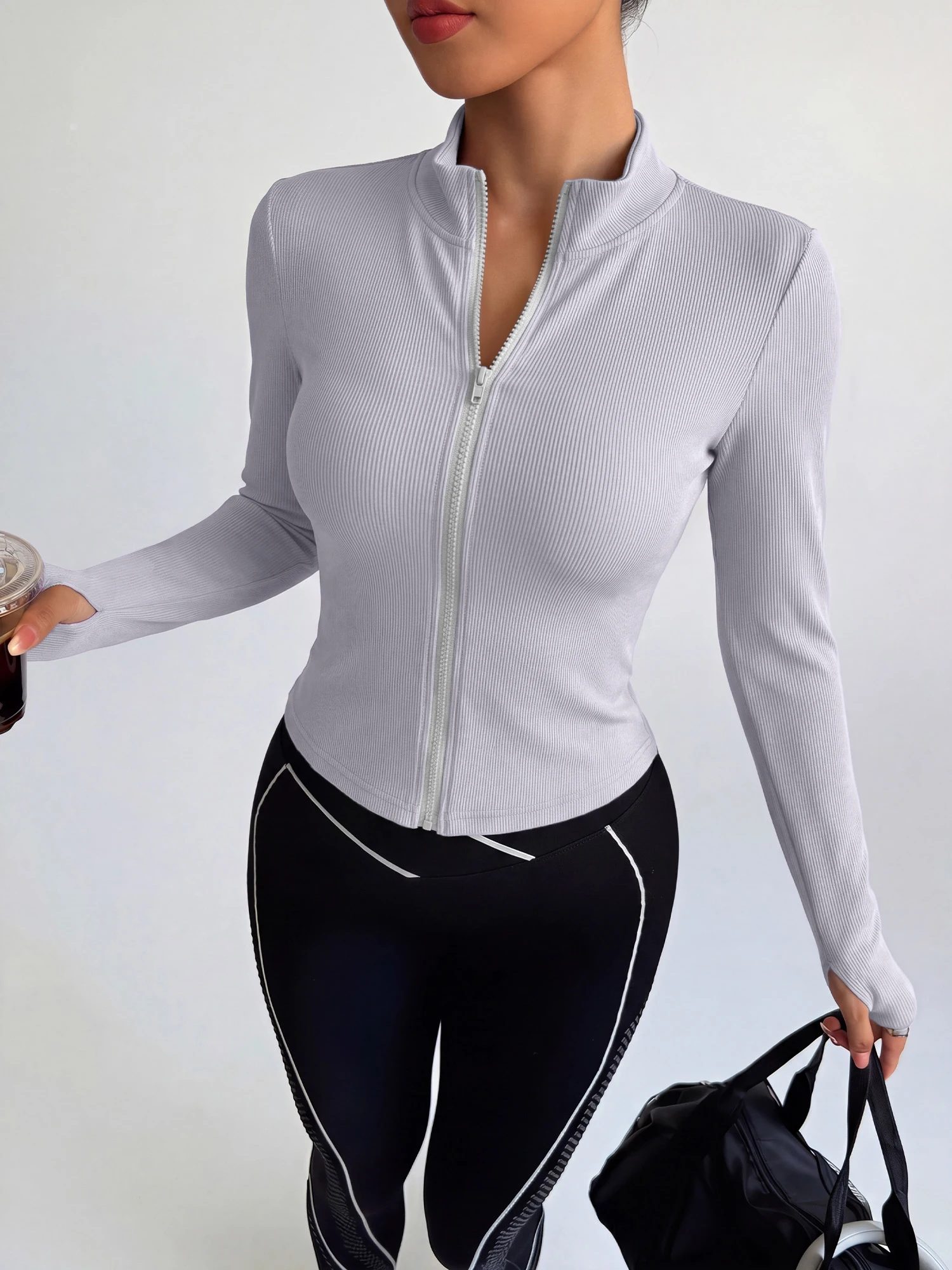 Capsule Wardrobe Staple Full Zip Athletic Outerwear, Vertical Rib Knit Jacket for Multi-Scene Matching
